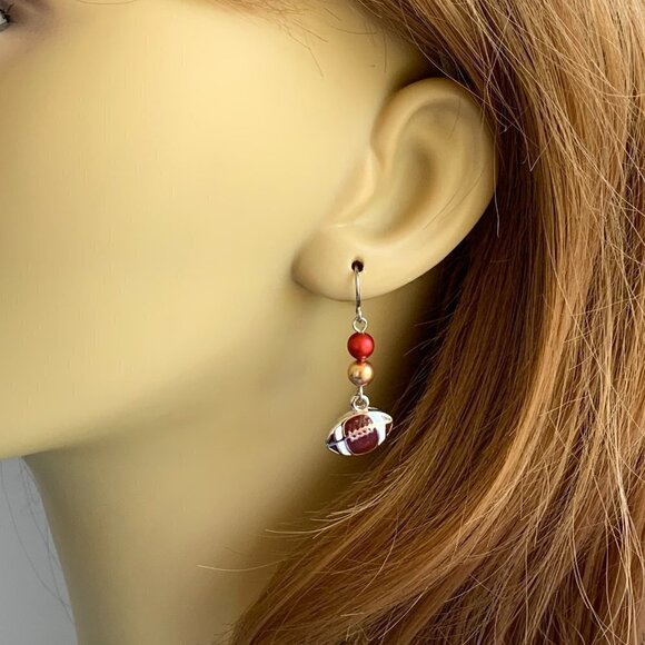 Football Earrings Red Gold Team Colors Womens Sports Jewelry Gifts Handmade USA - Picture 3 of 6